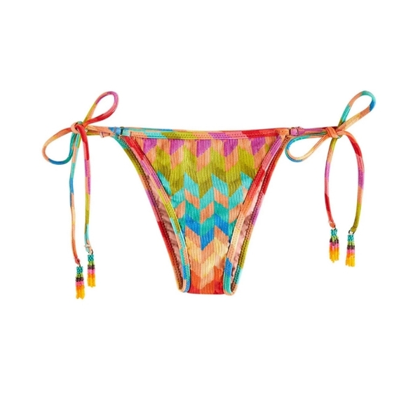 D1. NWT FARM RIO Ribbed Light Chevron Tie Side Brazilian Bikini Bottom Size L - Picture 1 of 10
